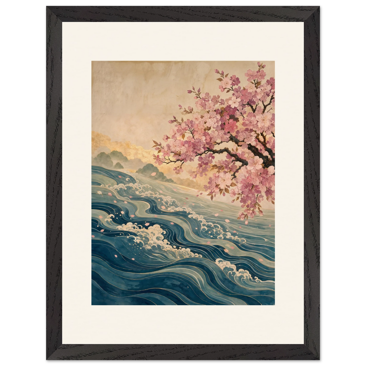 Blossom Tide: japanese art, cherry blossom and wave. Framed fine art print.
