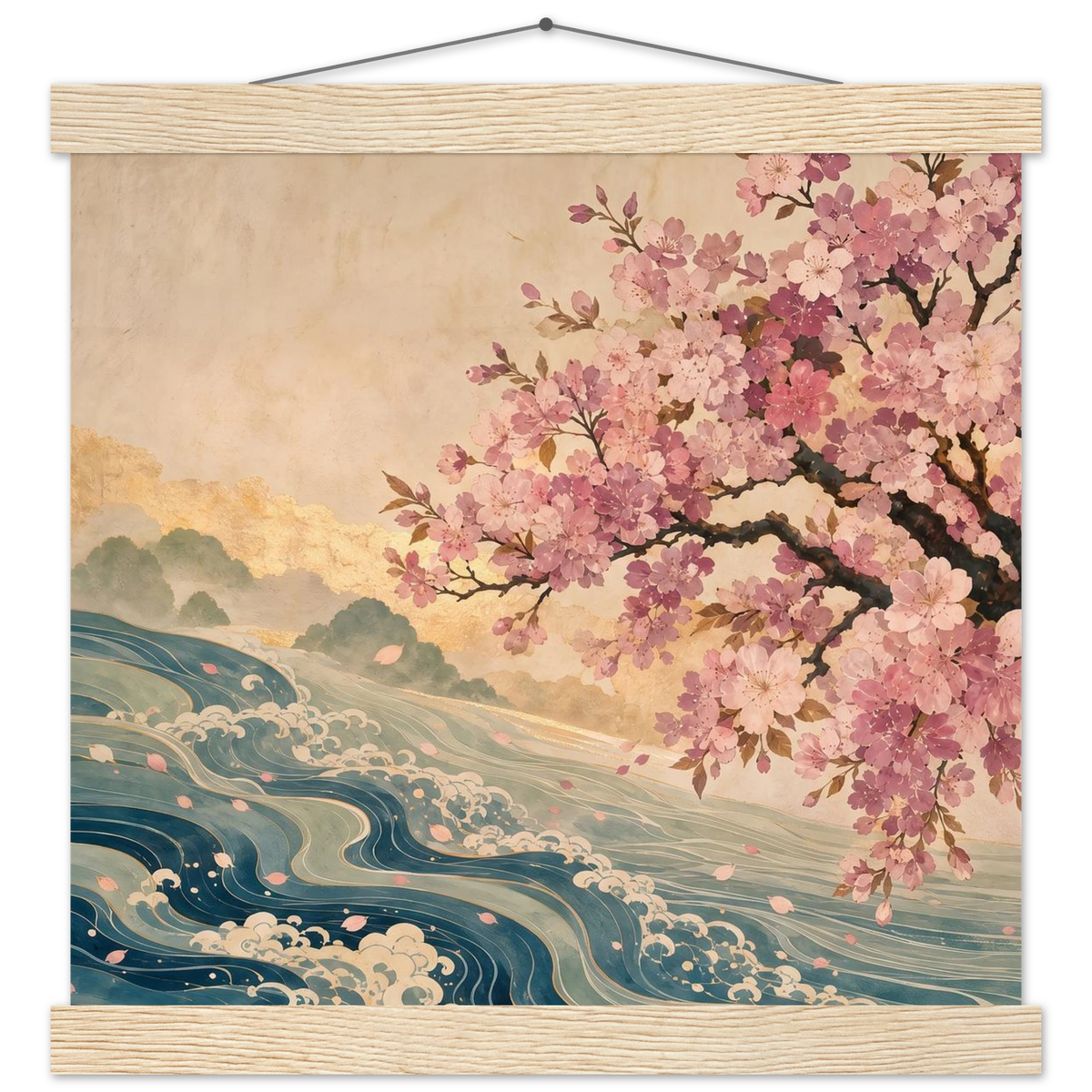 Blossom Tide: japanese art, cherry blossom and wave. Fine art poster with wooden hanger by The Light Stays.