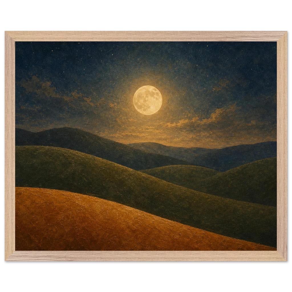 Quadro emoldurado Colinas da Lua, lua cheia sobre colinas em oliva e argila
