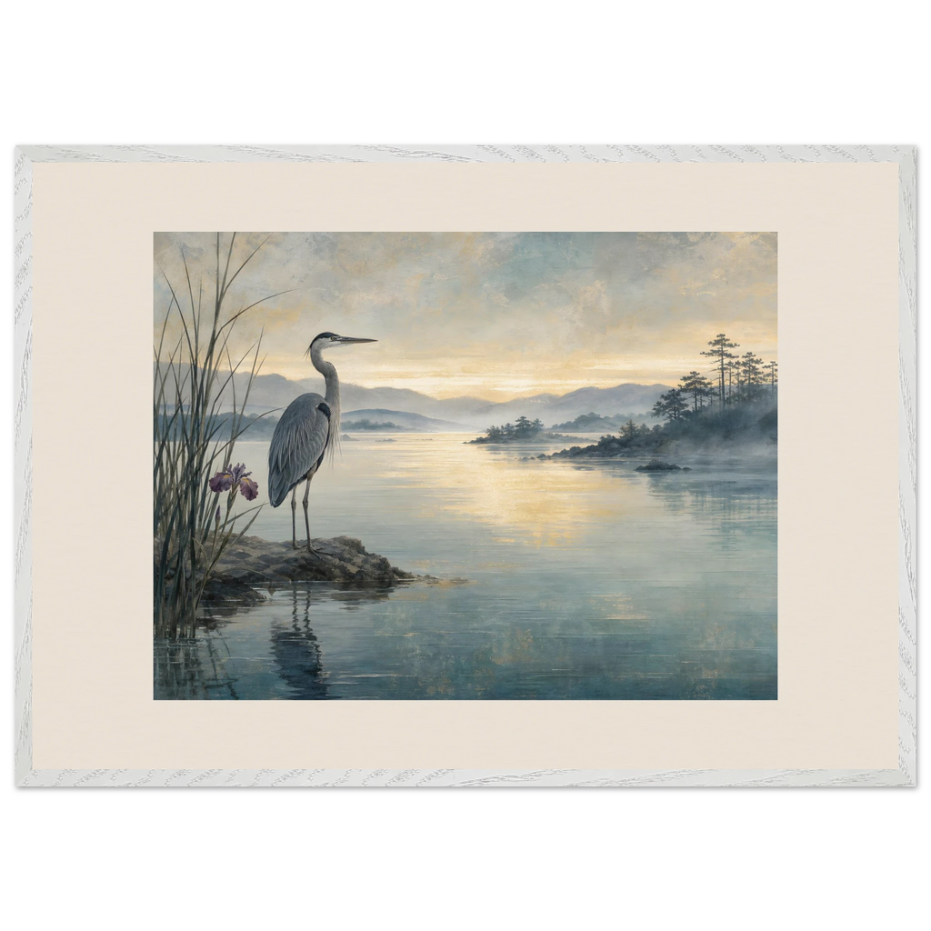 Heron at Dawn: japanese art and japandi. Museum-quality framed fine art print.