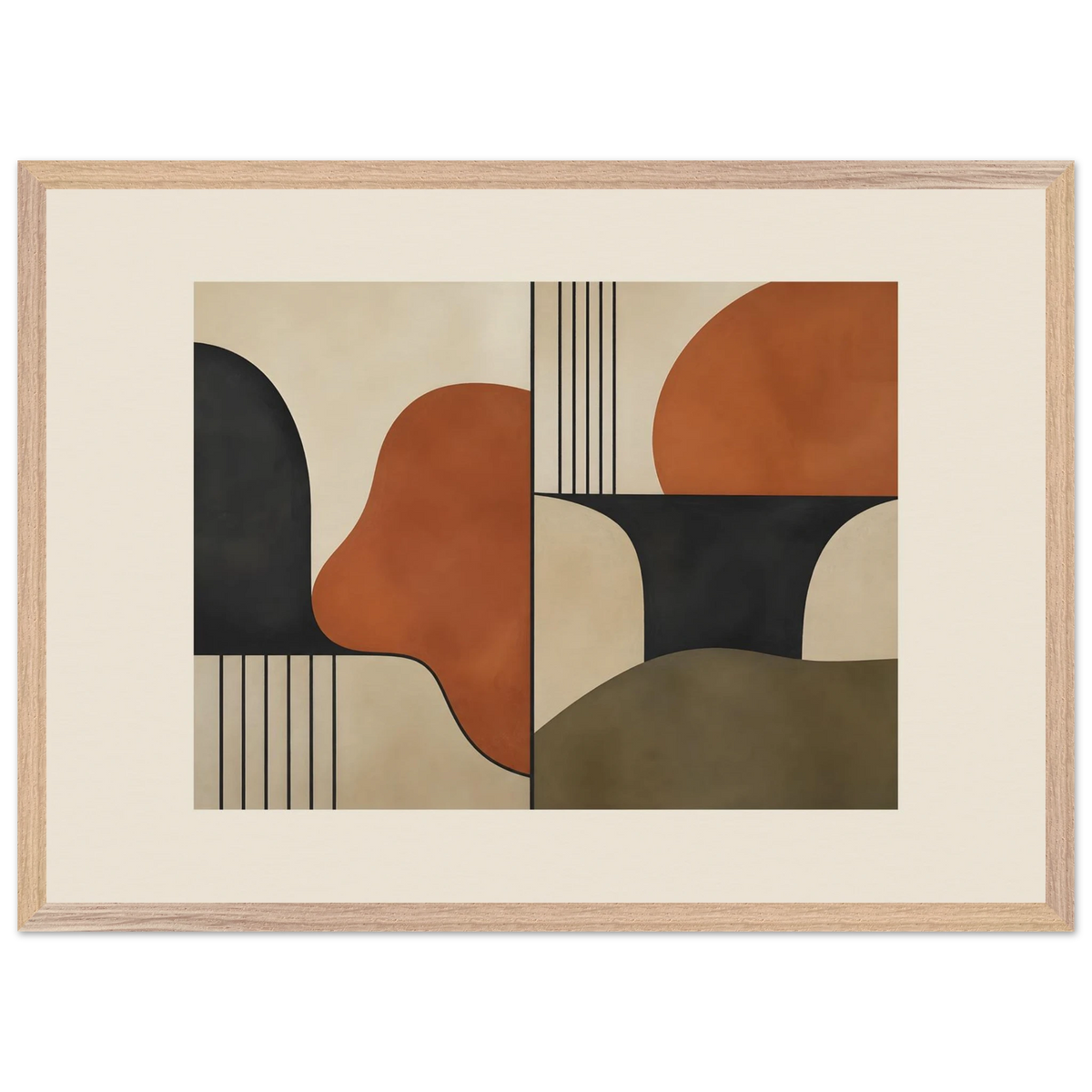 Compass and Clay: geometric abstract, clay and curves. Framed fine art print, alternate frame and size.