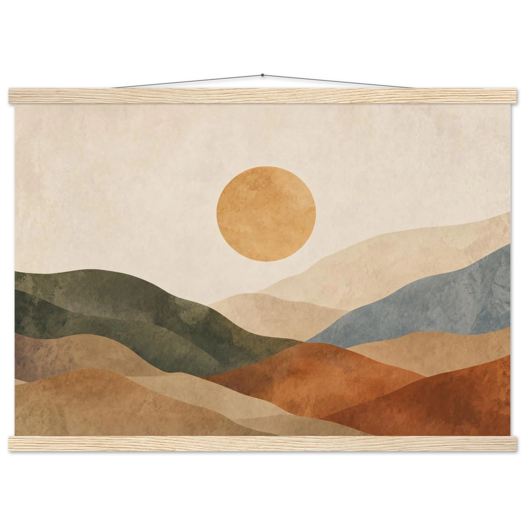 Pôster Clay Sun com suporte de madeira, sol quente sobre colinas em tons de terra