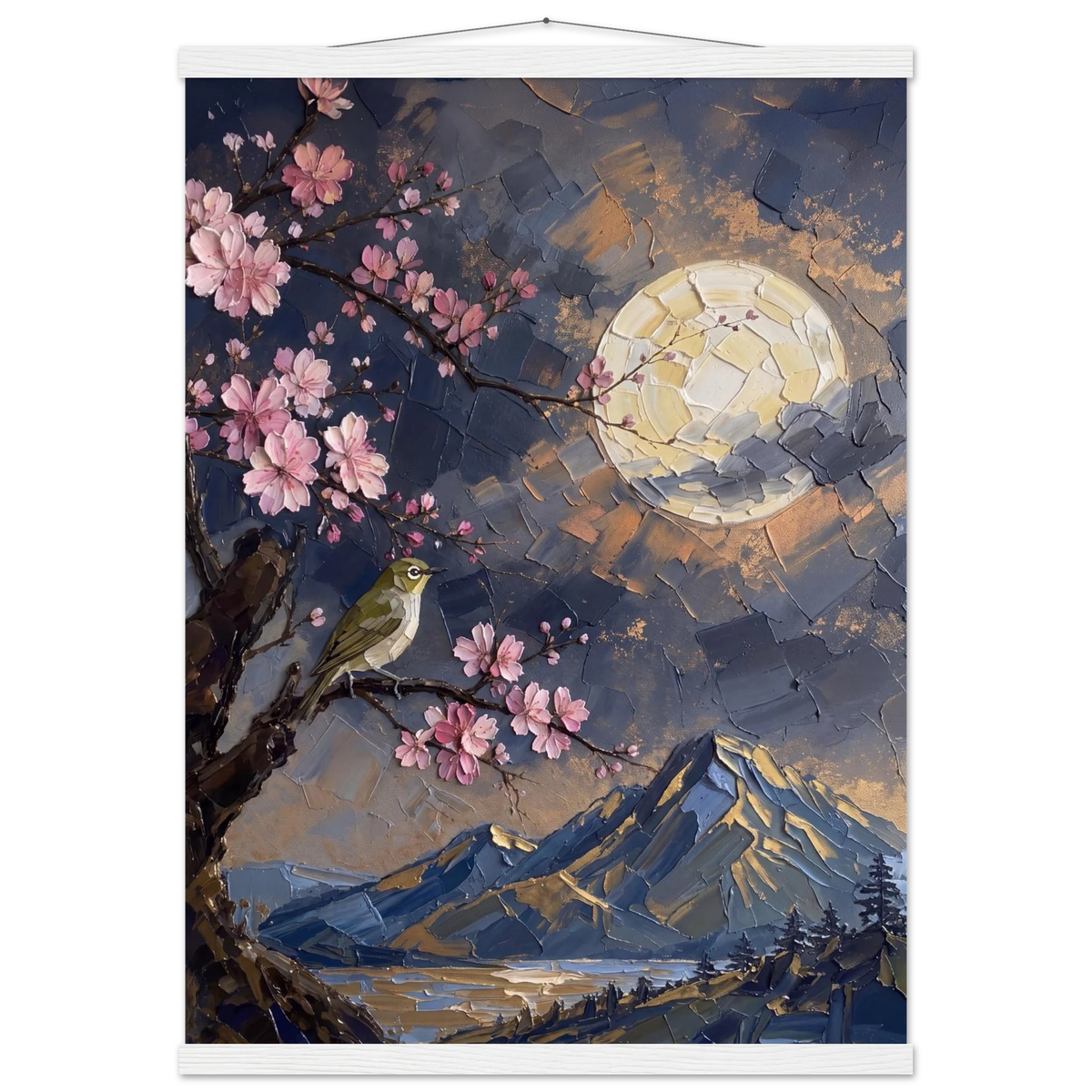 Blossom Moon: cherry blossom, japanese landscape and night. Fine art poster with wooden hanger by The Light Stays.