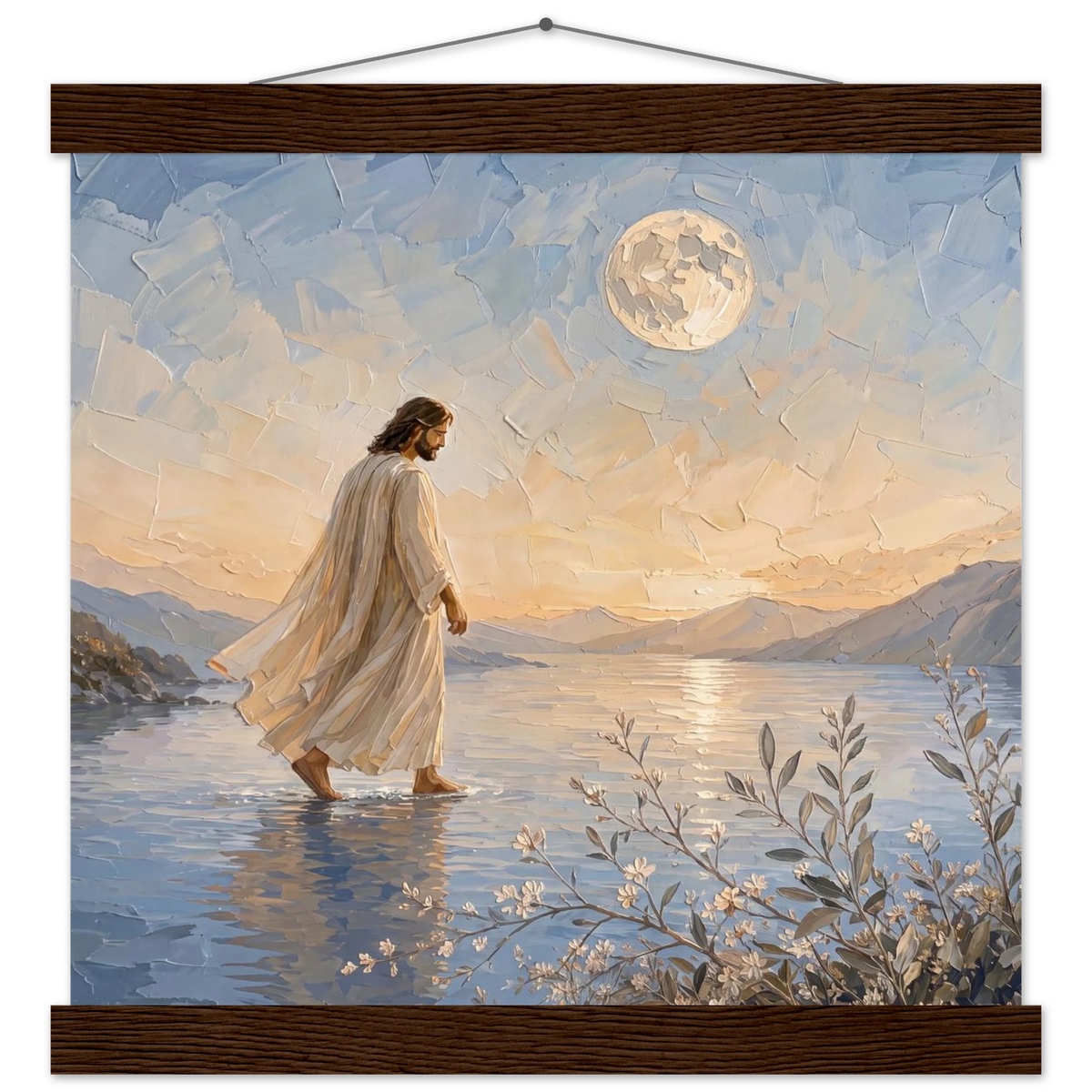 Upon the Waters: jesus, moon and night. Fine art poster with wooden hanger by The Light Stays.
