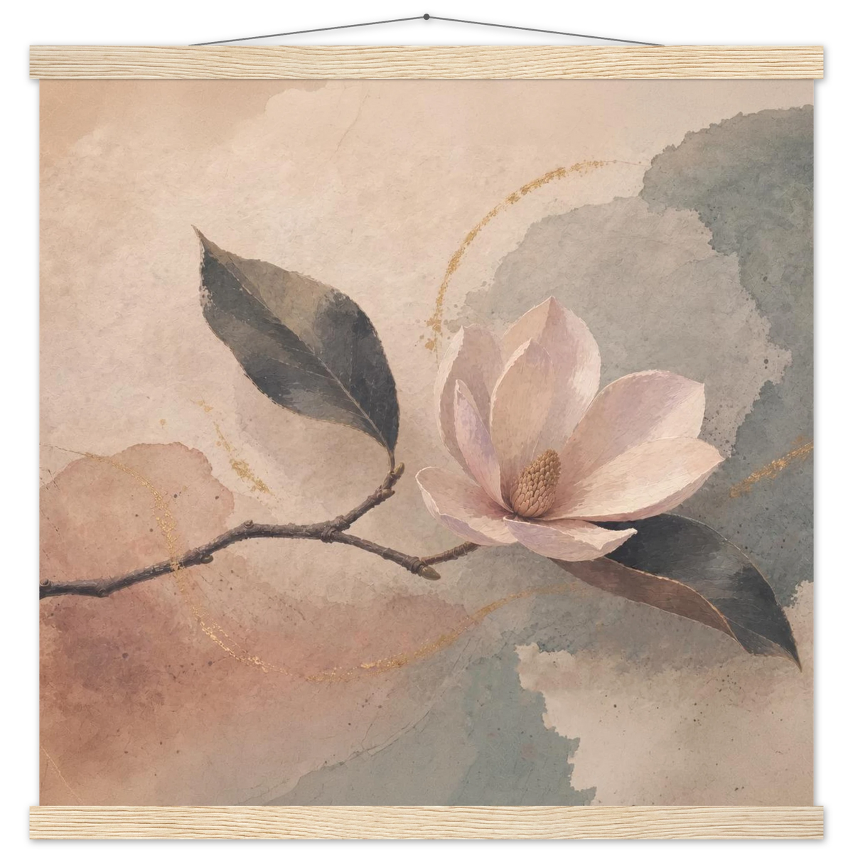 Magnolia Reverie: botanical, sage and japandi. Fine art poster with wooden hanger by The Light Stays.