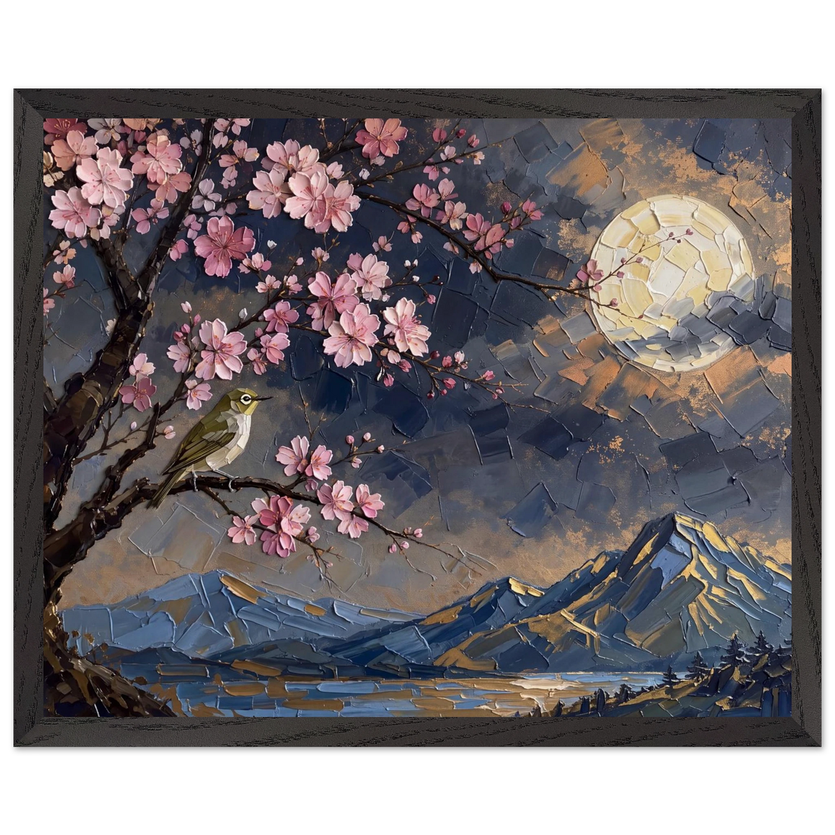 Blossom Moon: cherry blossom, japanese landscape and night. Framed fine art print by The Light Stays.
