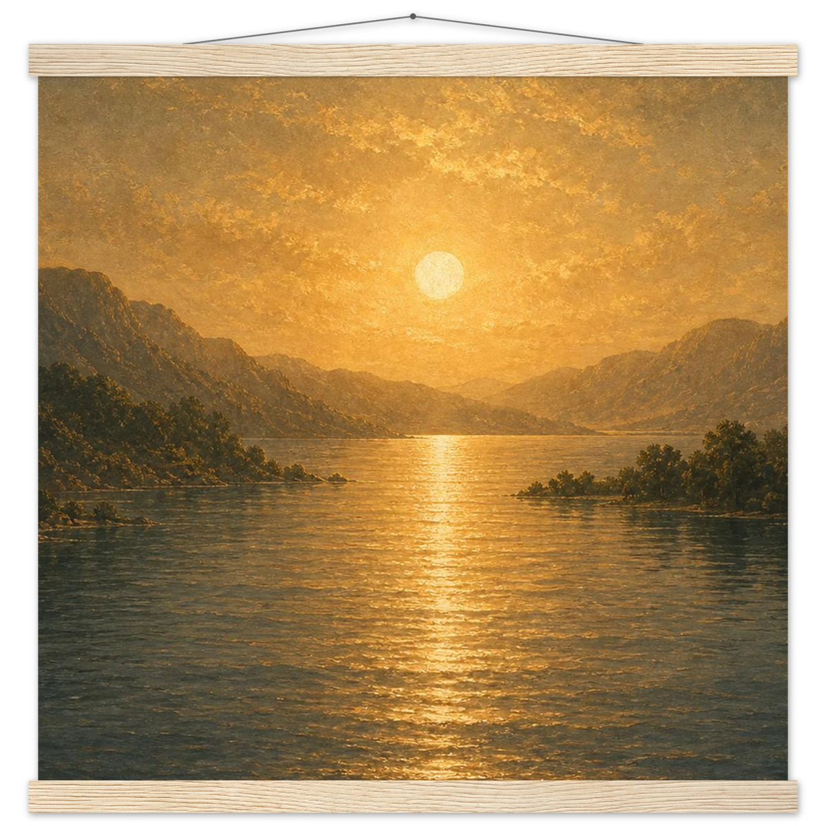 Golden Reflection: lake, sunset and mountains. Fine art poster with wooden hanger by The Light Stays.