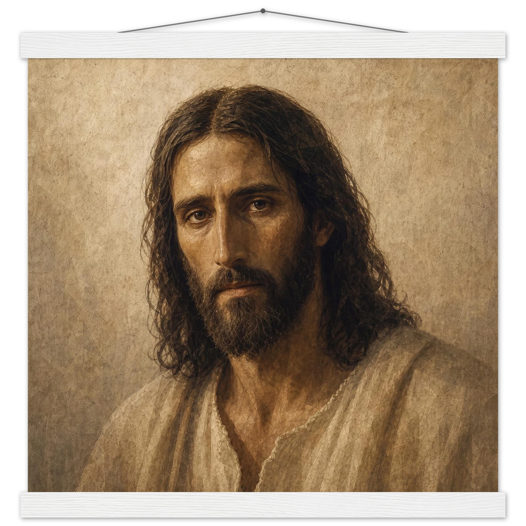 Pôster Kind Eyes com suporte de madeira, retrato sereno de Jesus em luz quente