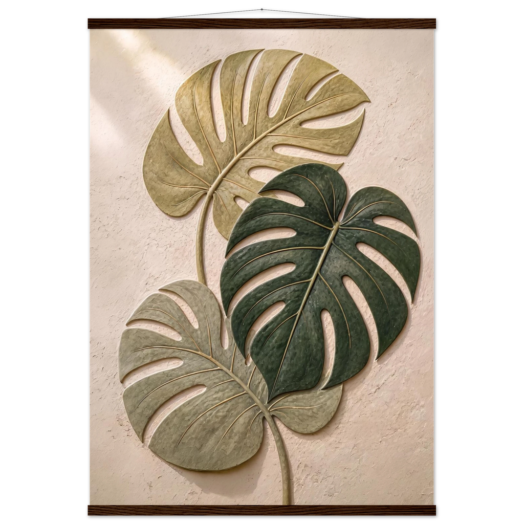 Stone Monstera, botanical and nature. Archival fine art poster shown framed.