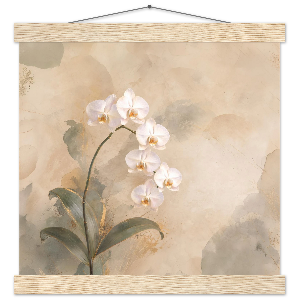 Orchid Luminance: botanical, pale gold and floral art. Fine art poster with wooden hanger by The Light Stays.