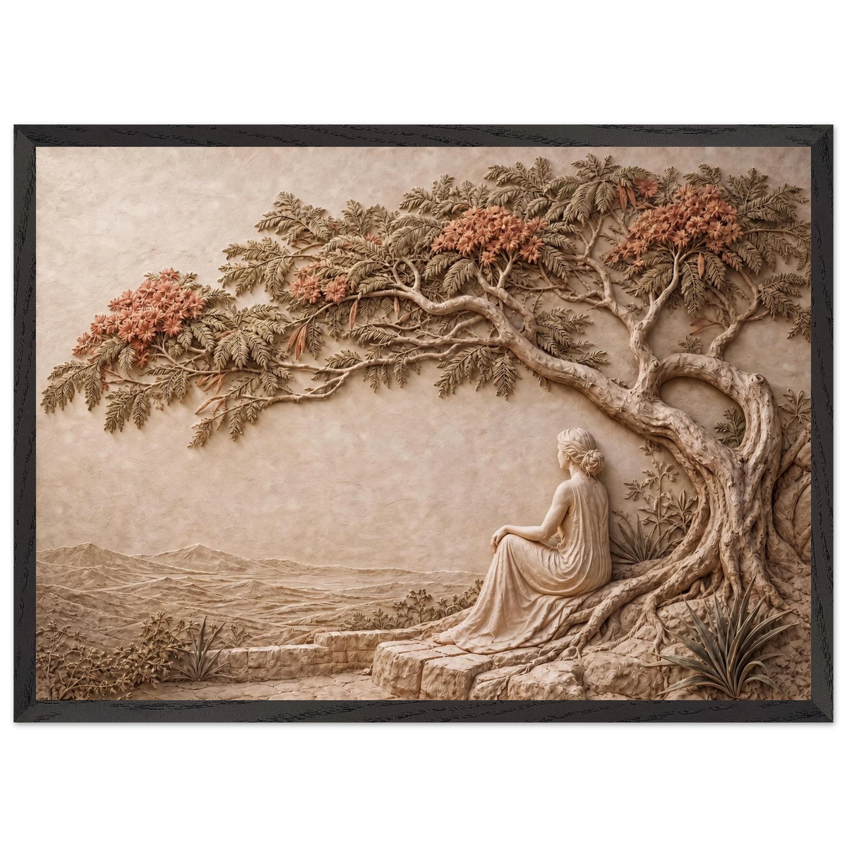 Under the Blossoms, impasto, figure and blossoming canopy. Archival framed fine art print shown framed.