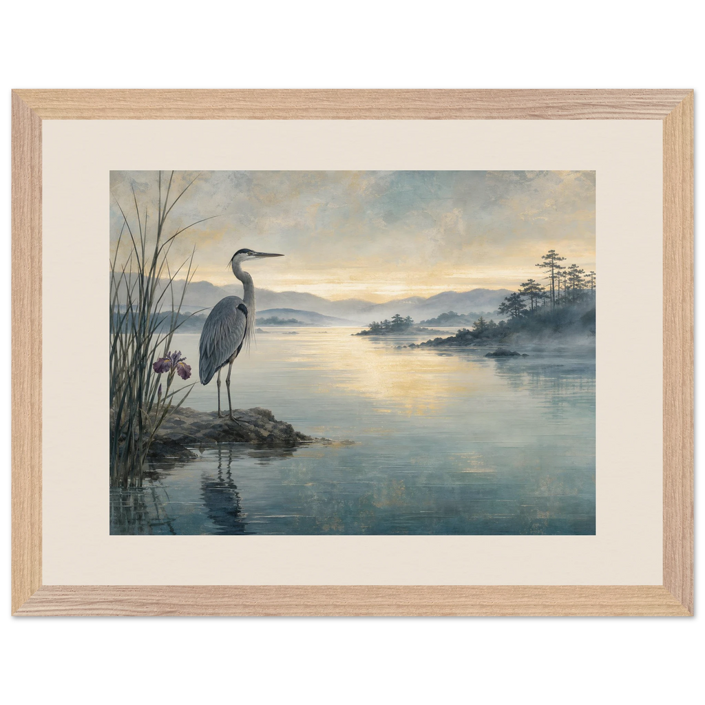 Heron at Dawn, japanese art and japandi. Archival framed fine art print shown framed.