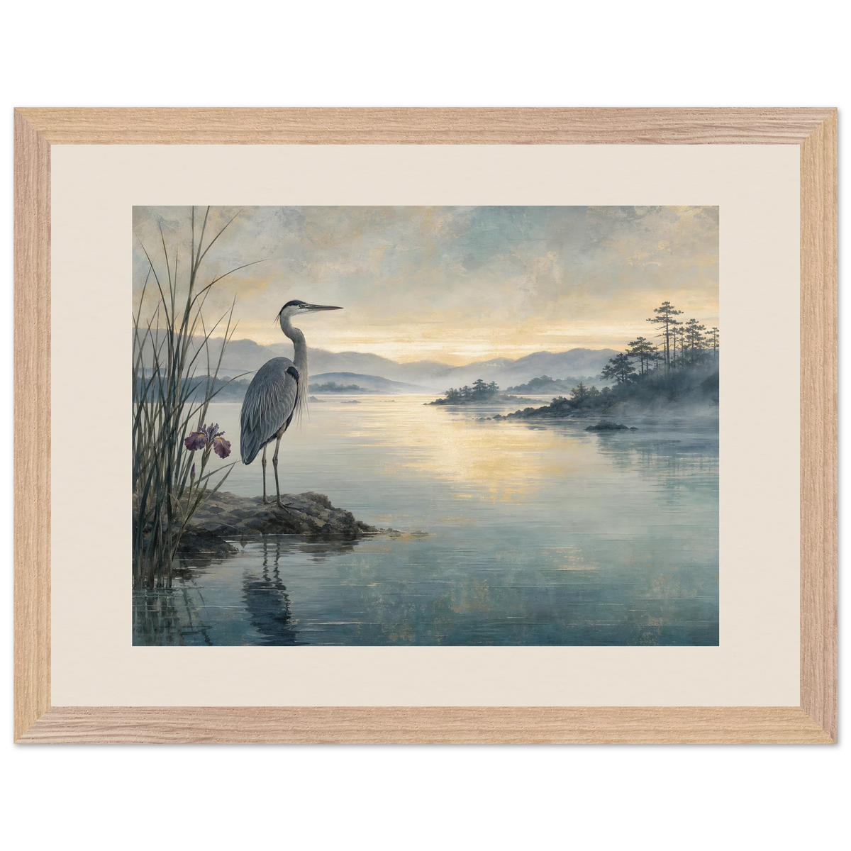 Heron at Dawn, japanese art and japandi. Archival framed fine art print shown framed.