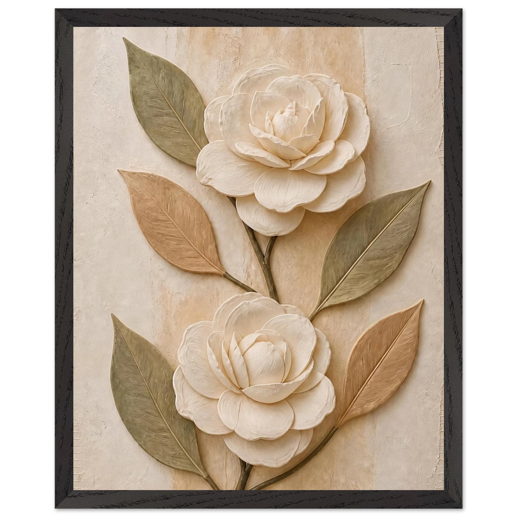 Carved Camellia, flowers and botanical. Archival framed fine art print shown framed.
