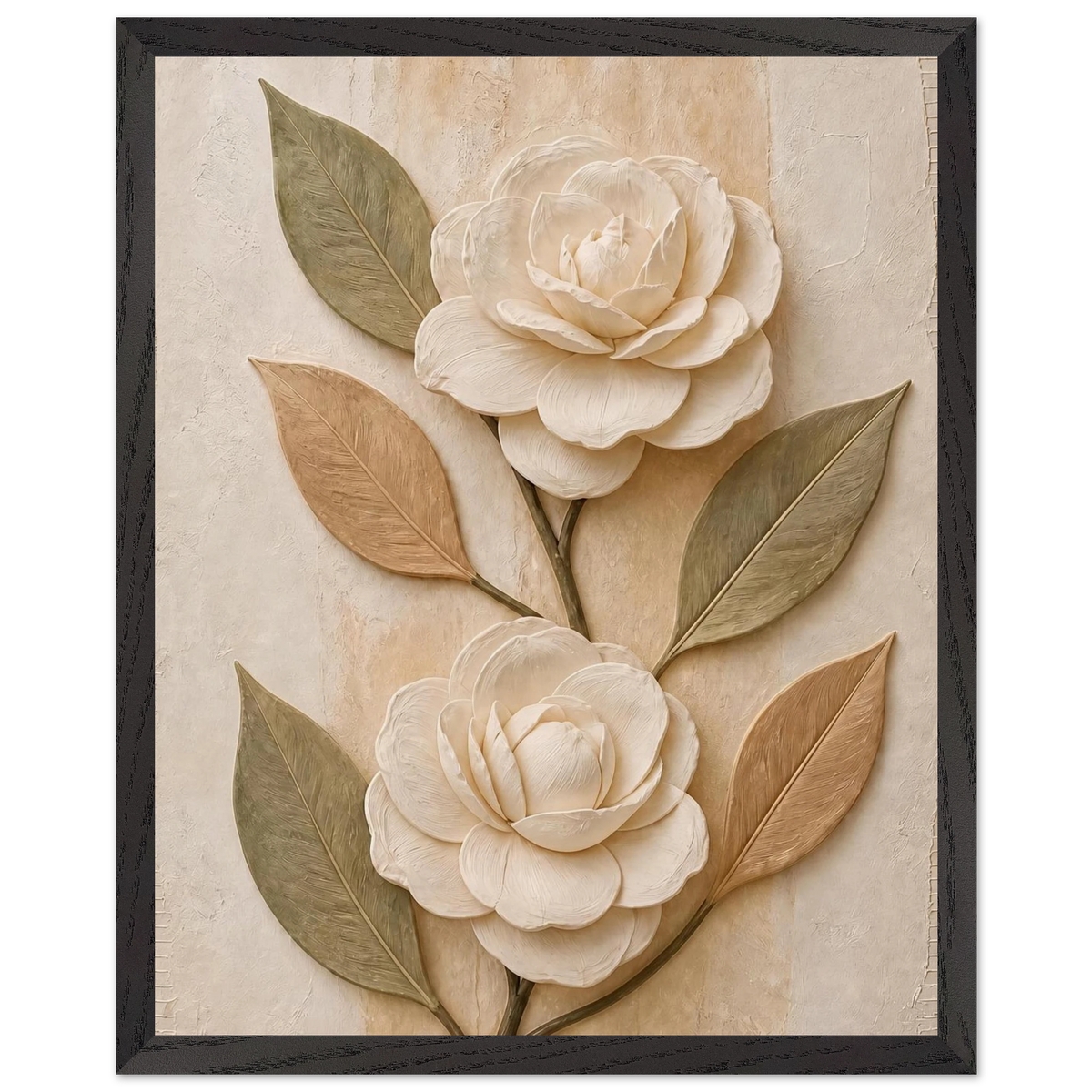 Carved Camellia, flowers and botanical. Archival framed fine art print shown framed.