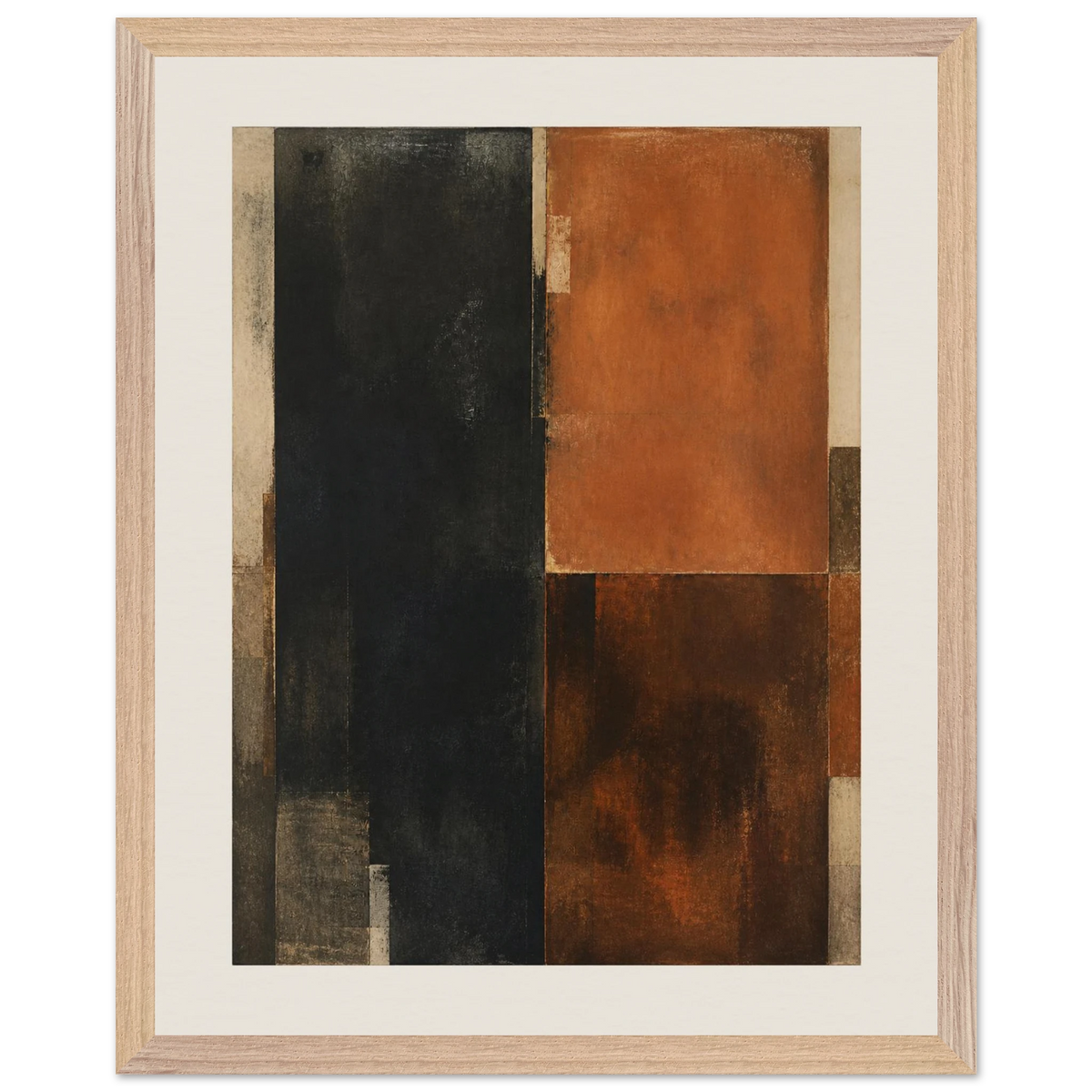Earth and Charcoal Diptych, Panel I of II: abstract, geometry and mineral palette. Framed fine art print, alternate frame and size.