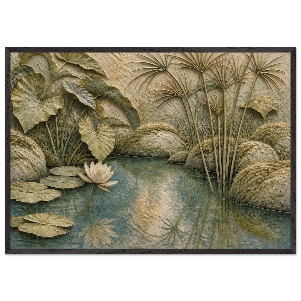 Papyrus Pond, lake, papyrus and serene greens. Archival framed fine art print shown framed.