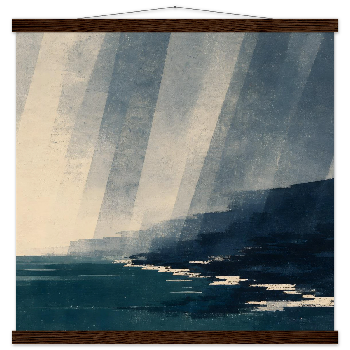 Rain Coast: japandi, teal blue and atmosphere. Fine art poster with wooden hanger by The Light Stays.