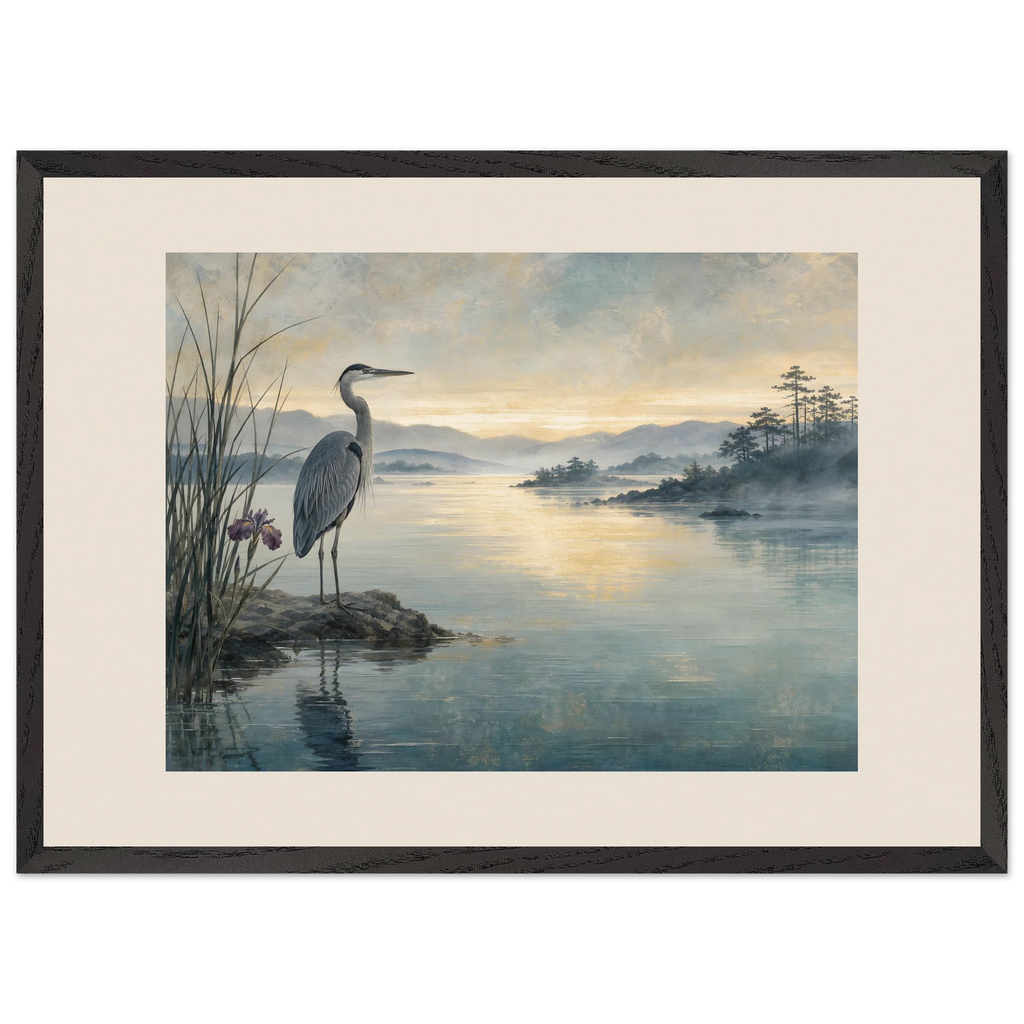 Heron at Dawn: japanese art and japandi. Framed fine art print by The Light Stays.