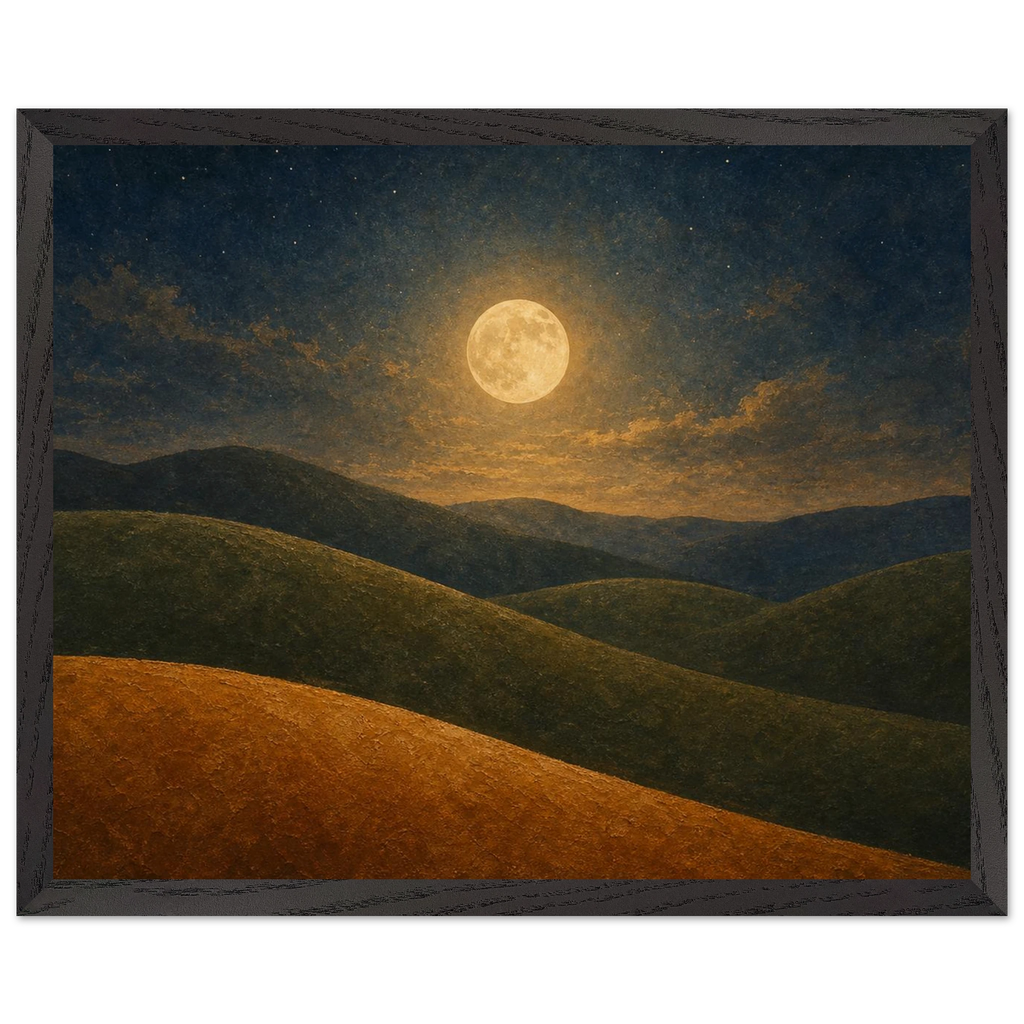Quadro emoldurado Colinas da Lua, lua cheia sobre colinas em oliva e argila