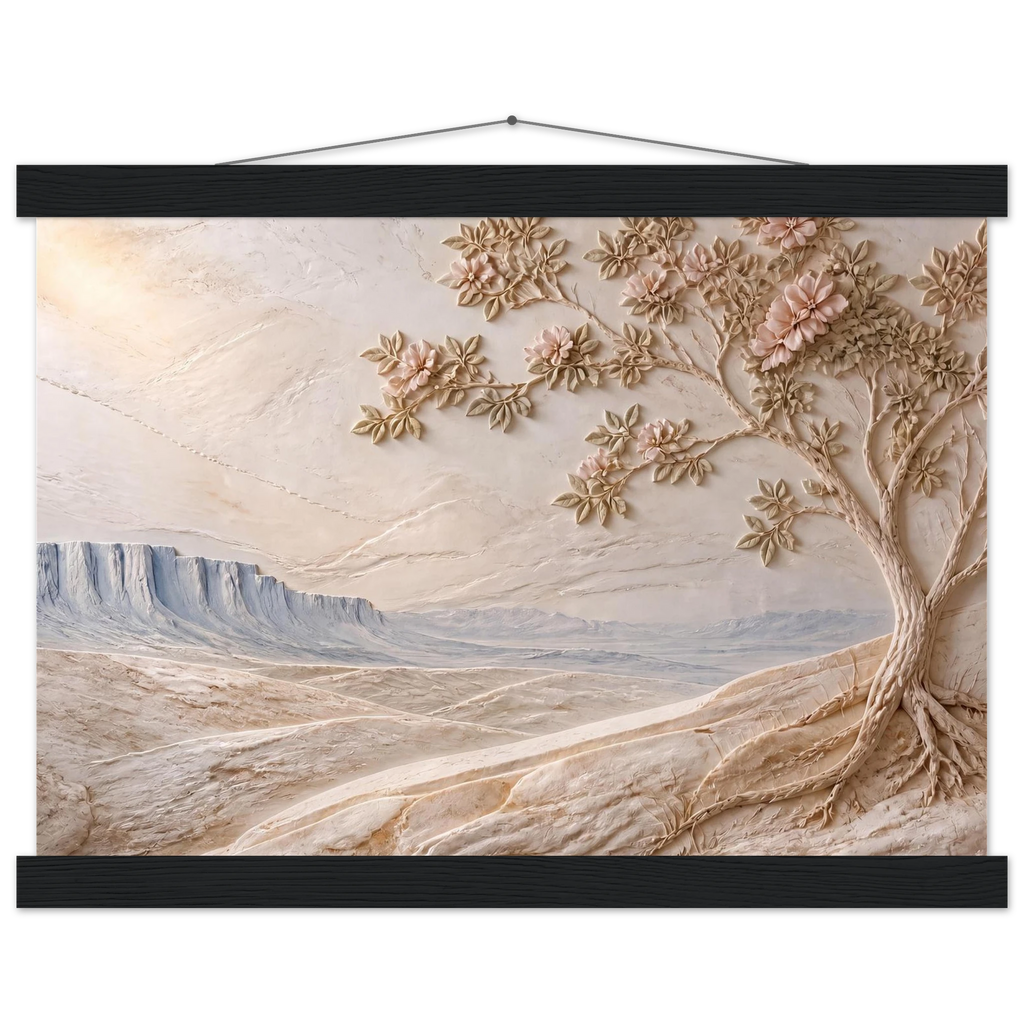 Cliffside Bloom, petra and flora. Archival fine art poster shown framed.