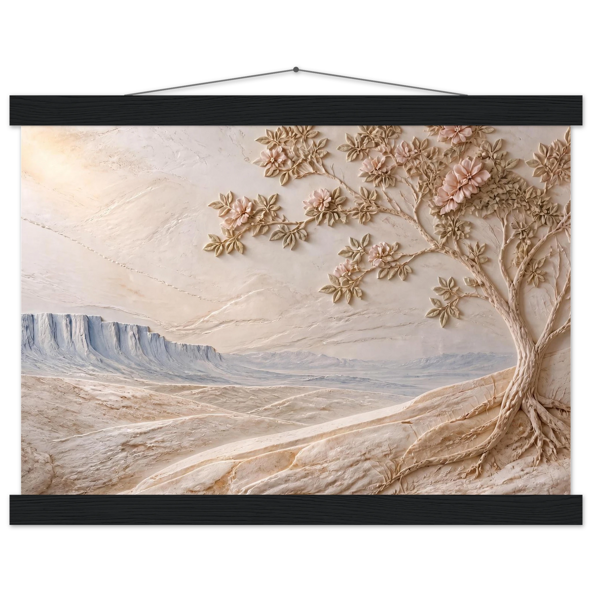 Cliffside Bloom, petra and flora. Archival fine art poster shown framed.