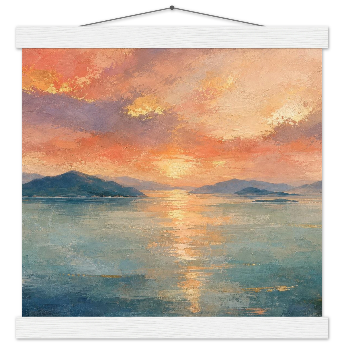 Setouchi Peach Dawn: inland sea, islands and golden reflection. Fine art poster with wooden hanger by The Light Stays.