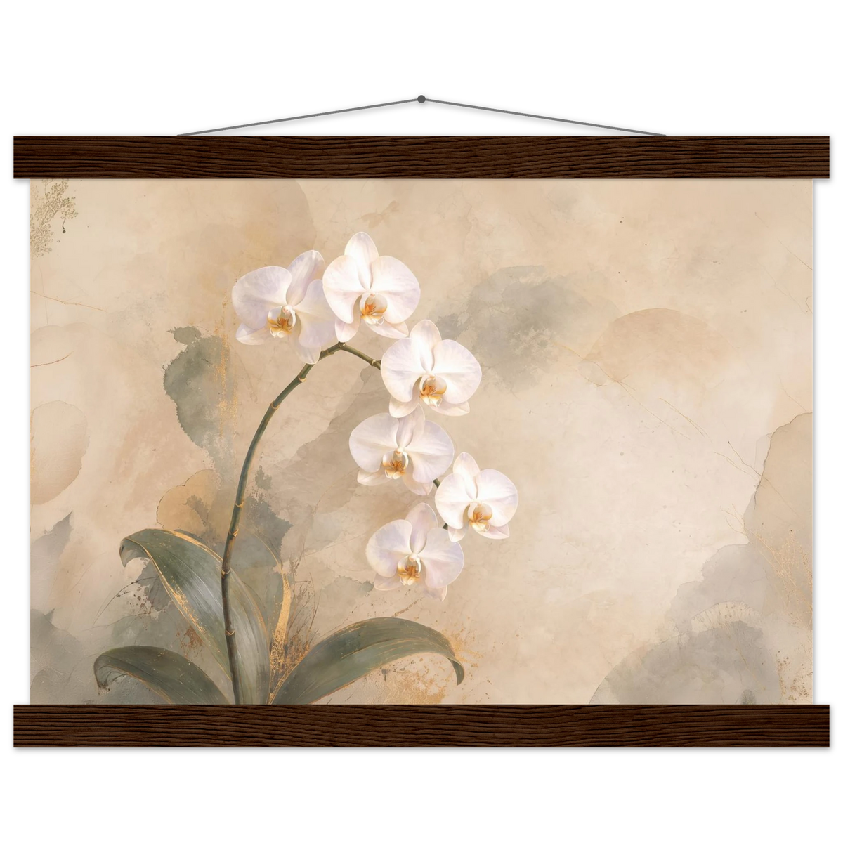 Orchid Luminance: botanical, pale gold and floral art. Fine art poster with wooden hanger by The Light Stays.