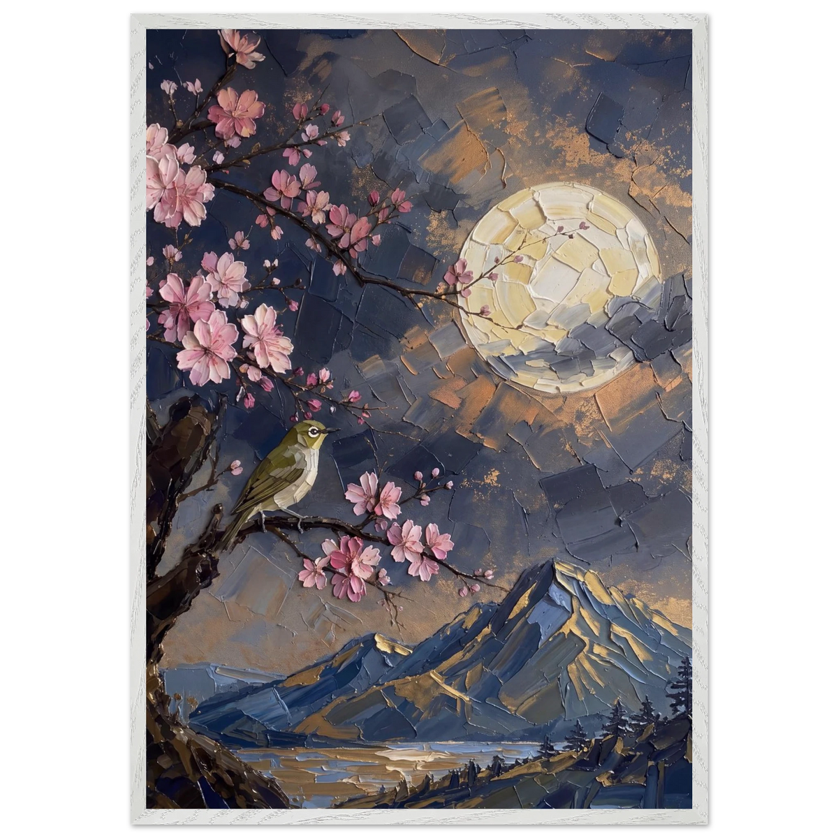 Blossom Moon: cherry blossom, japanese landscape and night. Framed fine art print by The Light Stays.