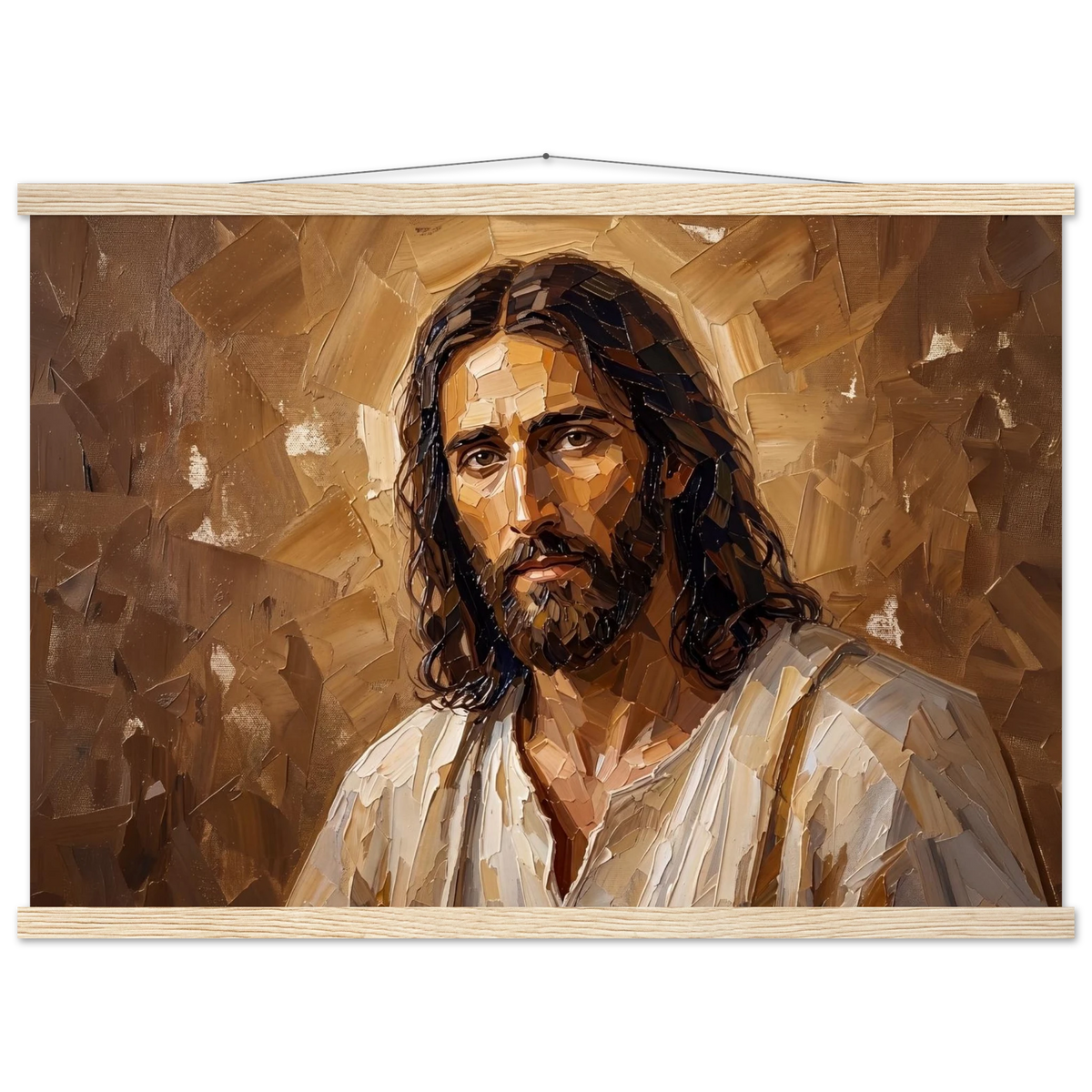 Kind Eyes: jesus, faith and serene gaze. Fine art poster with wooden hanger by The Light Stays.