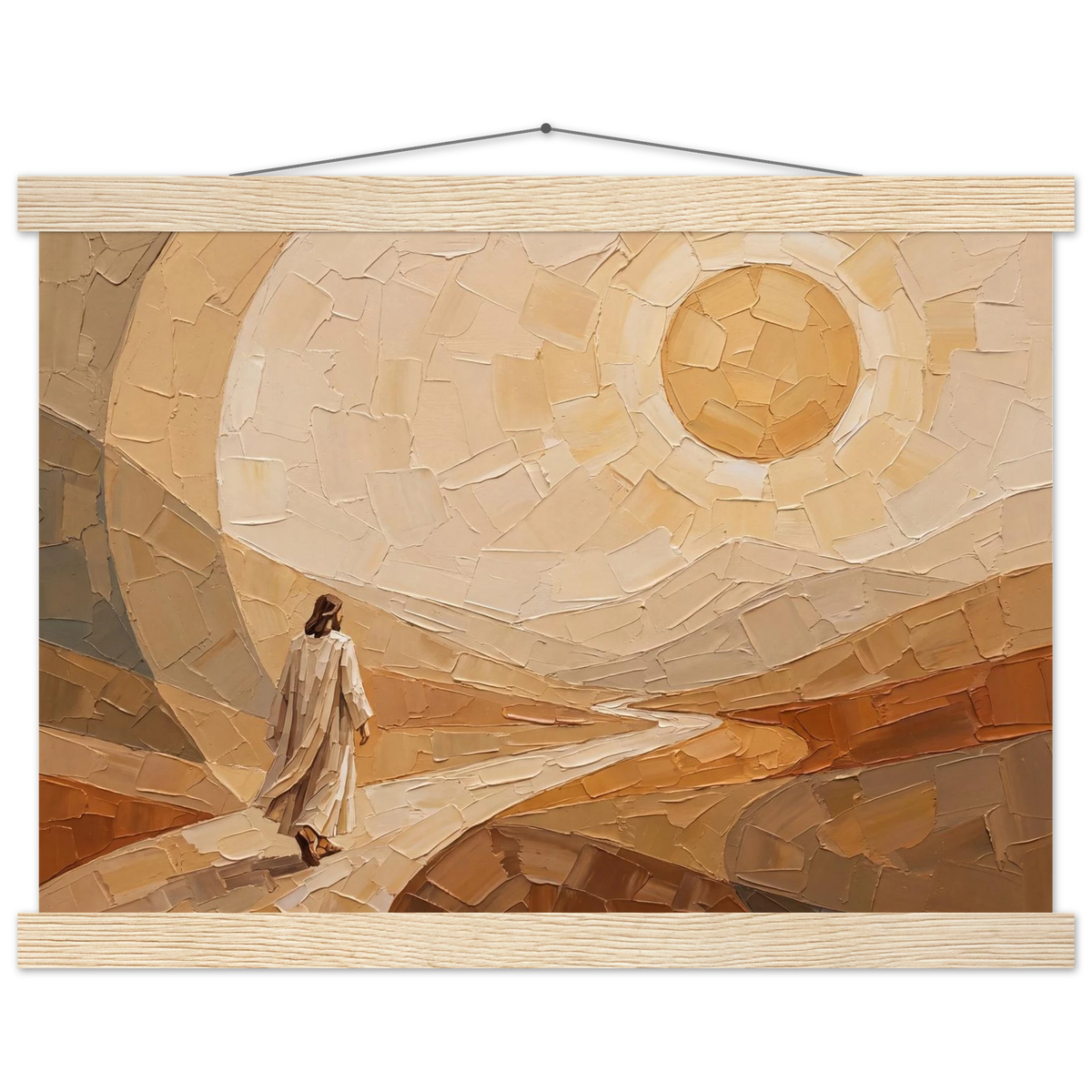 Lightfall: jesus, landscape and golden tones. Fine art poster with wooden hanger by The Light Stays.