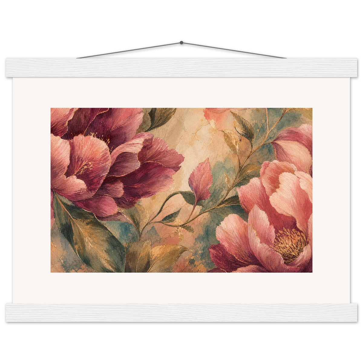 Crimson Peonies, flowers and botanical. Archival fine art poster shown framed.