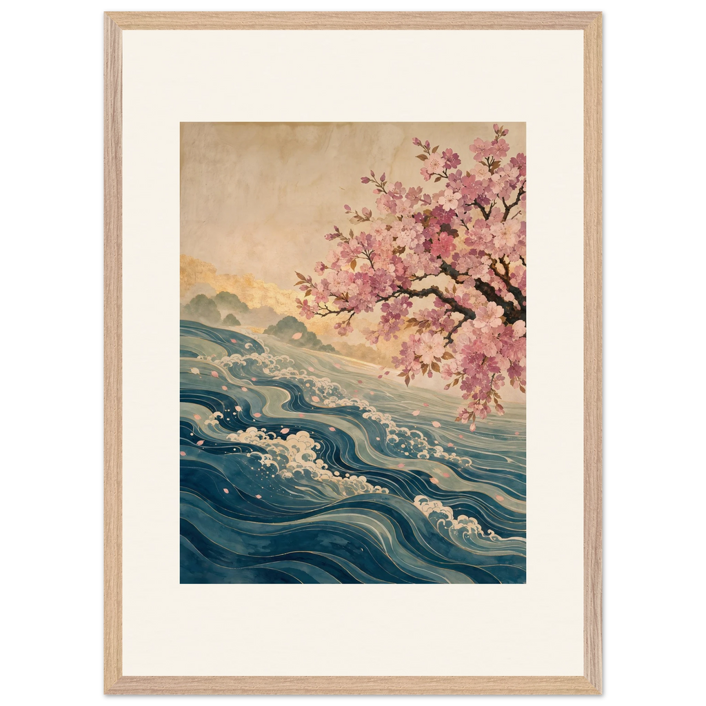 Blossom Tide: japanese art, cherry blossom and wave. Framed fine art print by The Light Stays.