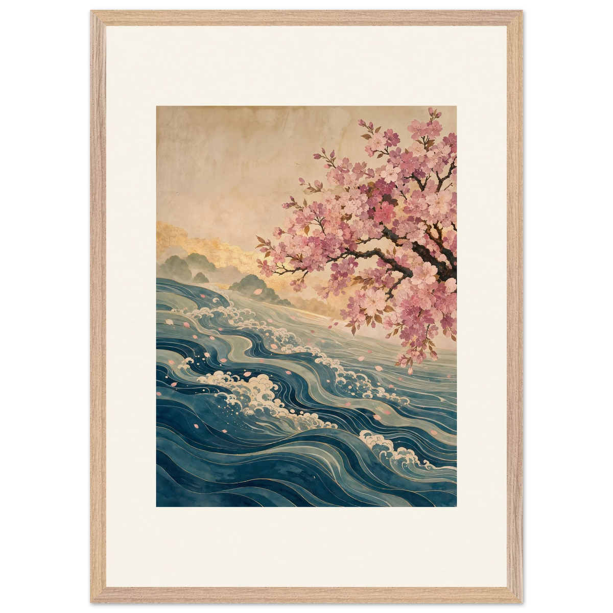 Blossom Tide: japanese art, cherry blossom and wave. Framed fine art print by The Light Stays.
