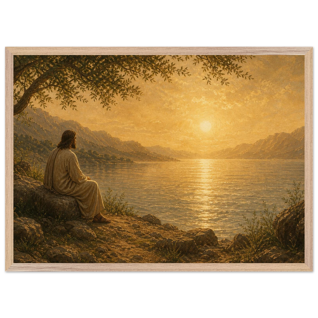 Quadro cristão Bênção do Lago, Jesus sob uma oliveira diante de um lago dourado