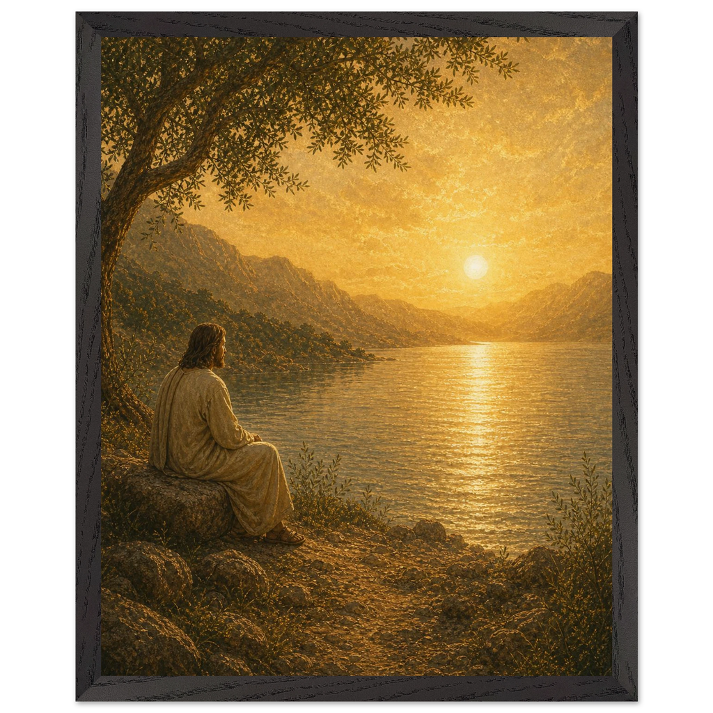 Quadro cristão Bênção do Lago, Jesus sob uma oliveira diante de um lago dourado
