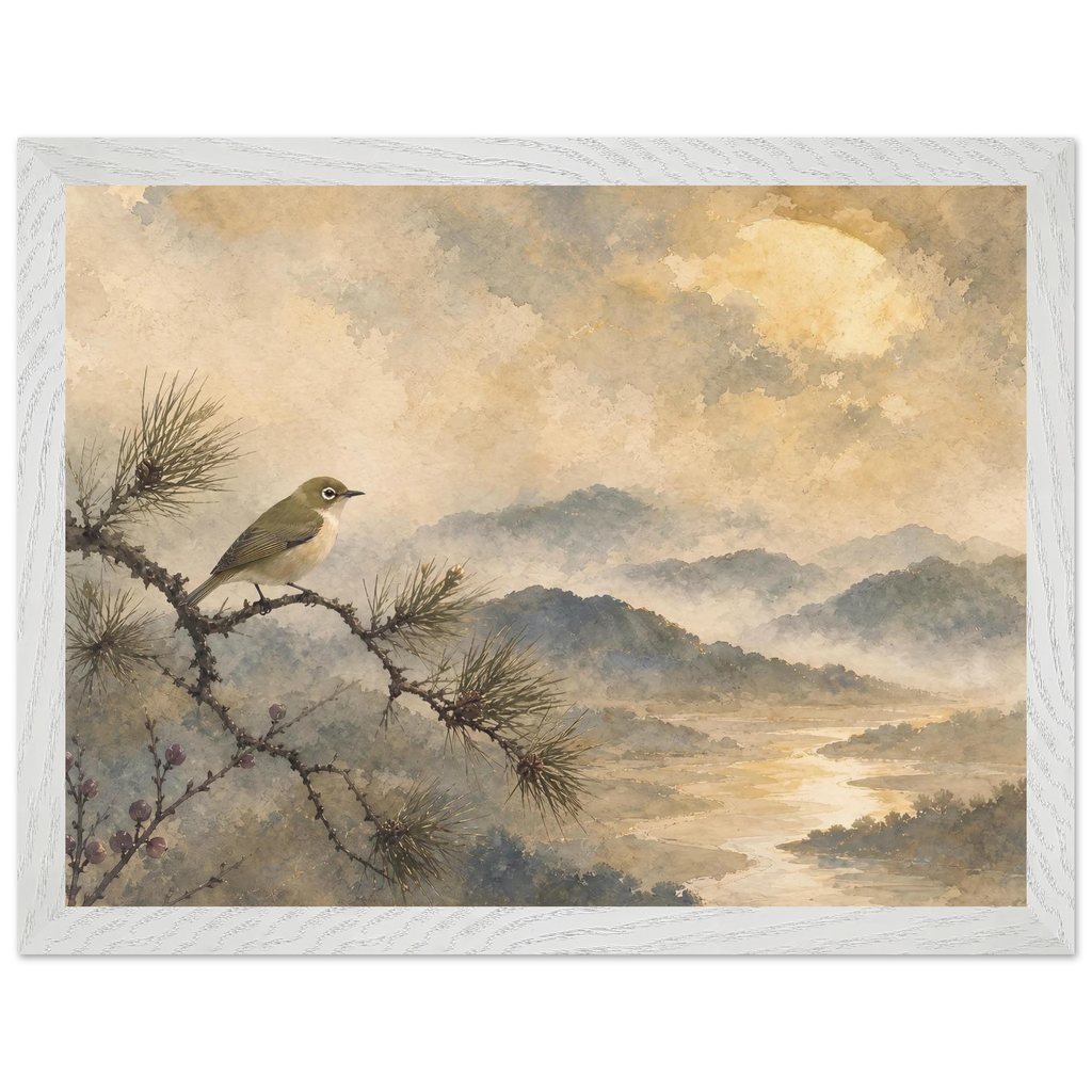 Golden Moon Bird: japanese art and japandi. Framed fine art print, alternate frame and size.