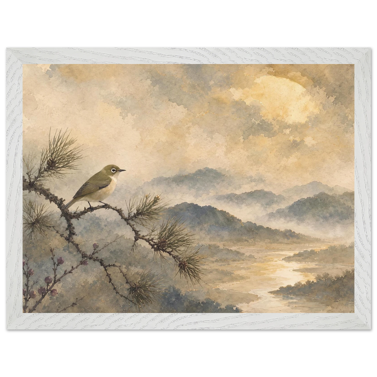 Golden Moon Bird: japanese art and japandi. Framed fine art print, alternate frame and size.