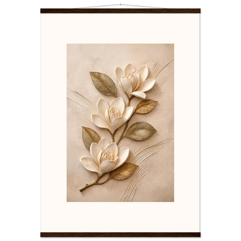 Magnolia Ascent, flowers and botanical. Archival fine art poster shown framed.