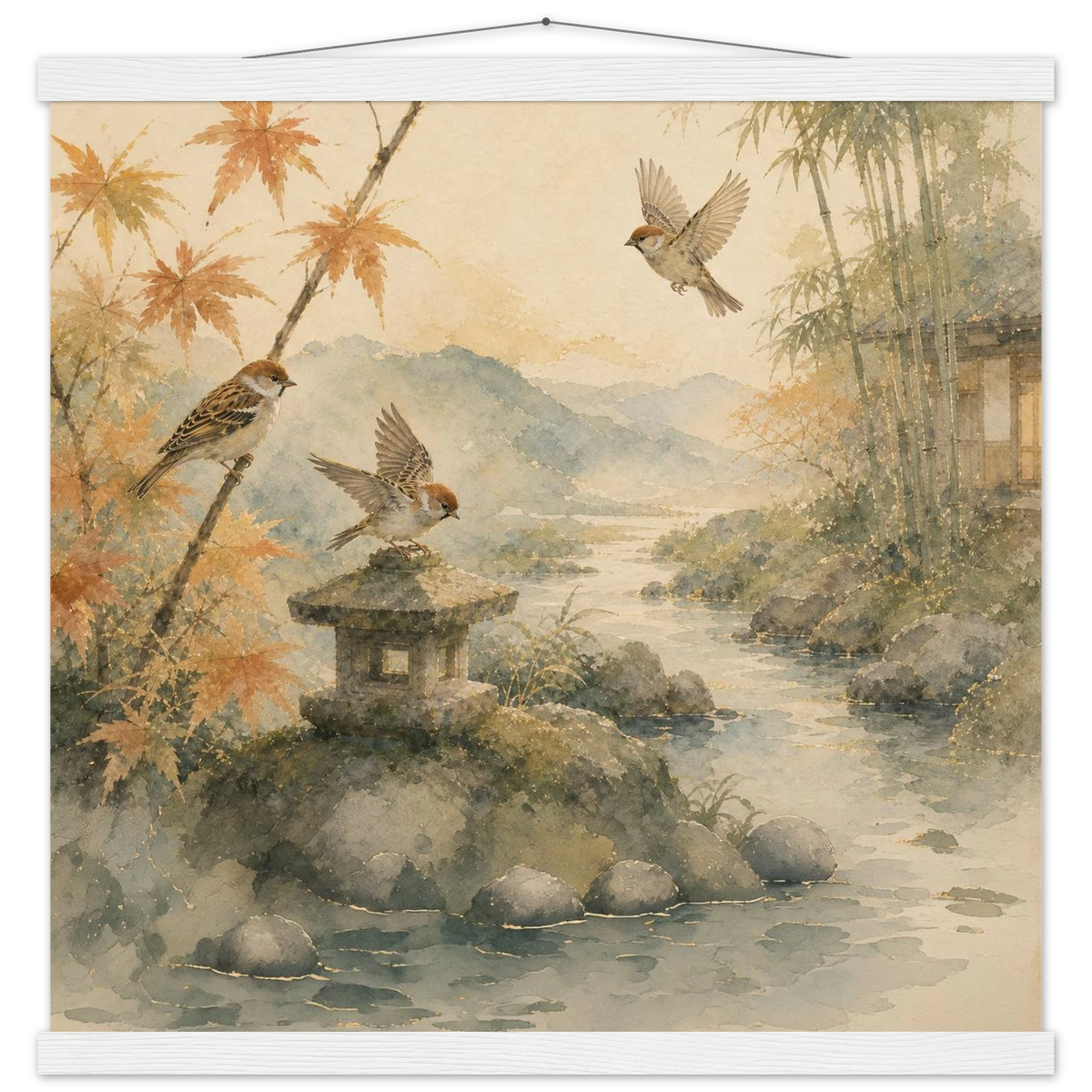 Three Birds Morning: birds, japanese landscape and japandi. Fine art poster with wooden hanger by The Light Stays.