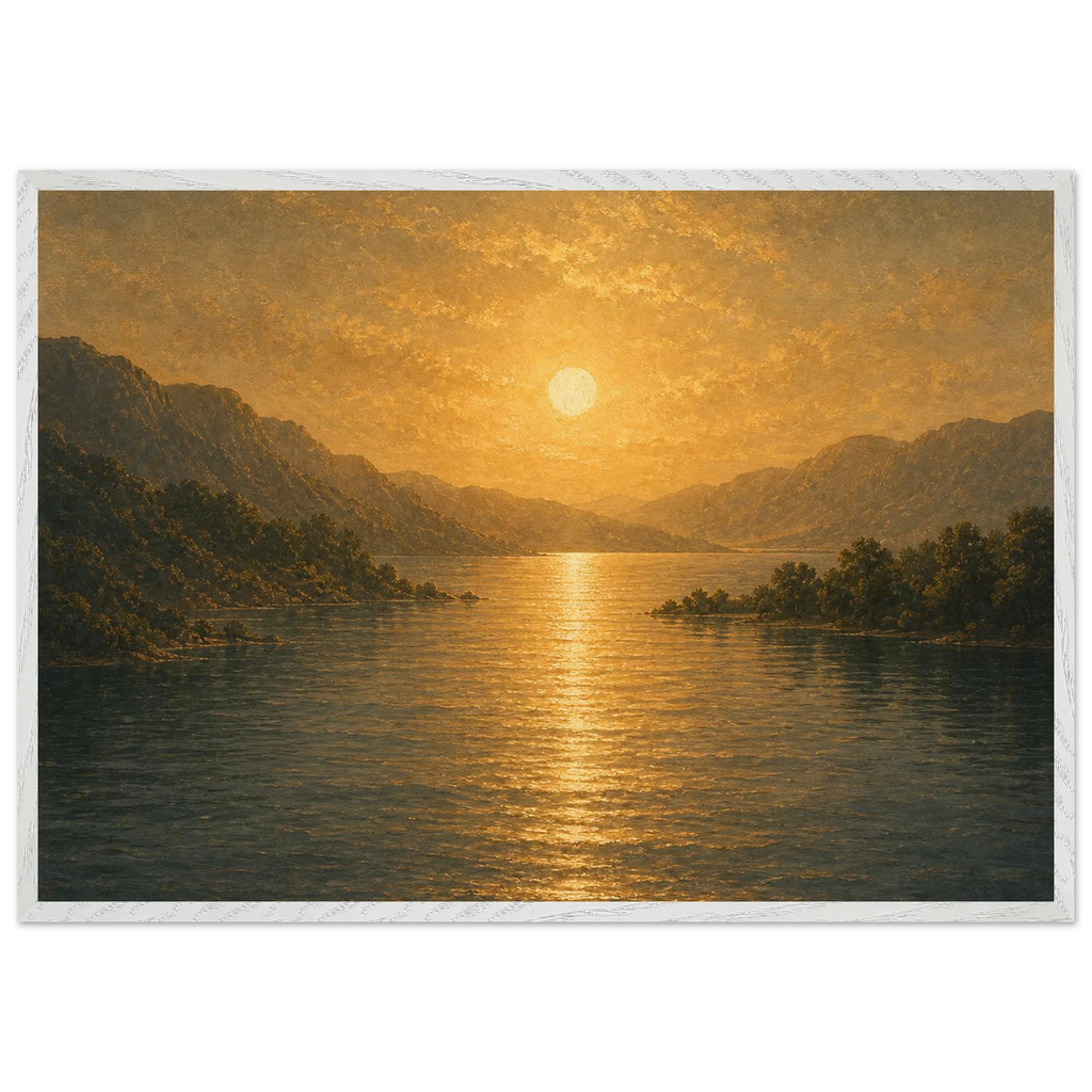 Quadro emoldurado Reflexo Dourado, lago e montanhas sob luz dourada