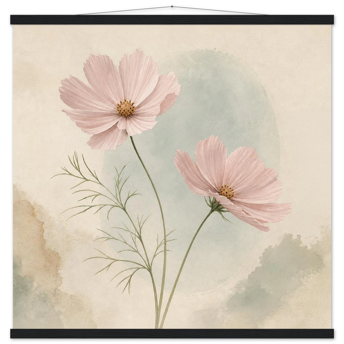 Cosmos Unison: flowers, blush and celadon. Fine art poster with wooden hanger by The Light Stays.