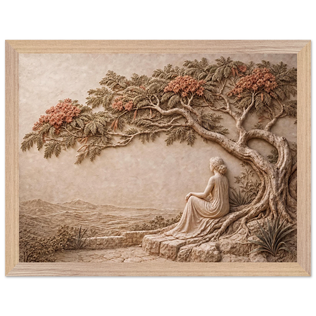 Under the Blossoms, impasto, figure and blossoming canopy. Archival framed fine art print shown framed.