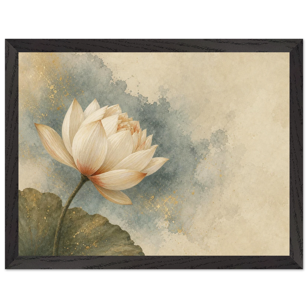First Lotus Light, flowers and botanical. Archival framed fine art print shown framed.
