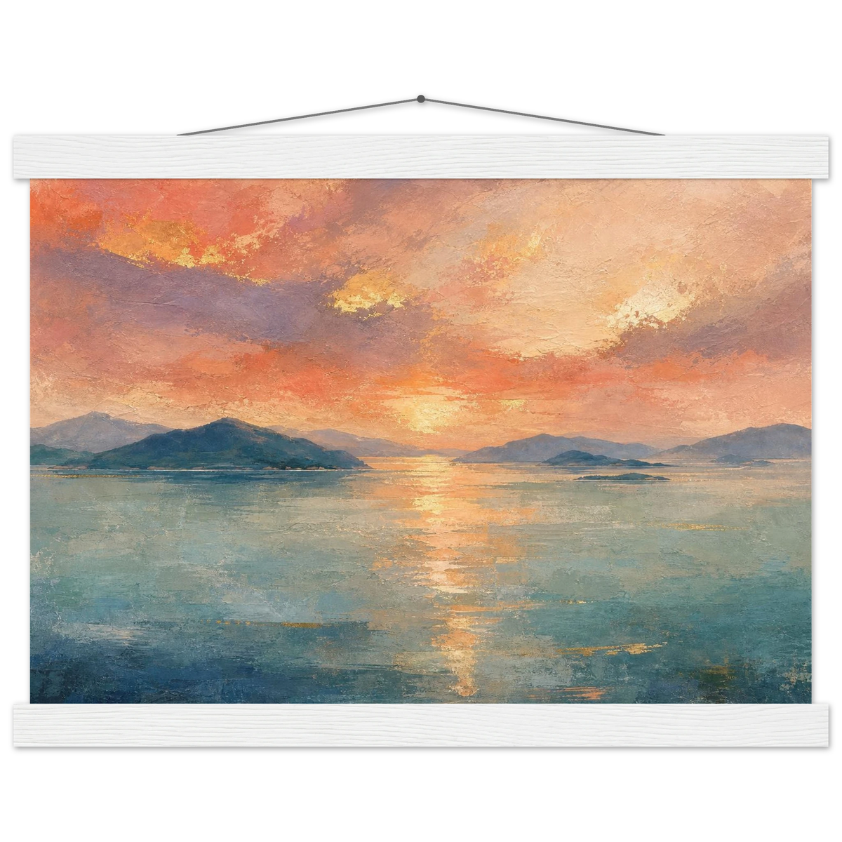 Setouchi Peach Dawn: inland sea, islands and golden reflection. Fine art poster with wooden hanger by The Light Stays.