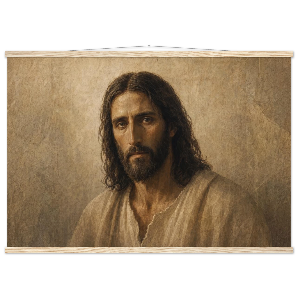 Pôster Kind Eyes com suporte de madeira, retrato sereno de Jesus em luz quente
