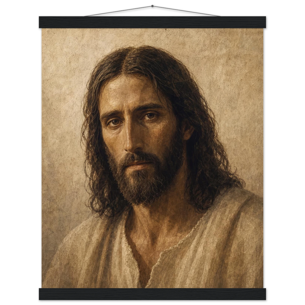 Pôster Kind Eyes com suporte de madeira, retrato sereno de Jesus em luz quente