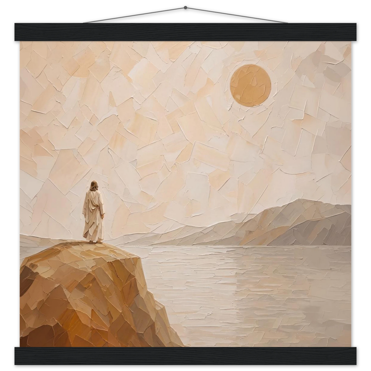 Salt Shore: jesus, cliff and sea. Fine art poster with wooden hanger by The Light Stays.