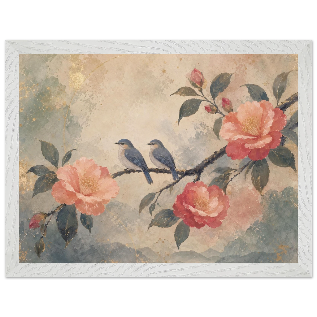 Camellia Birds, flowers and botanical. Archival framed fine art print shown framed.