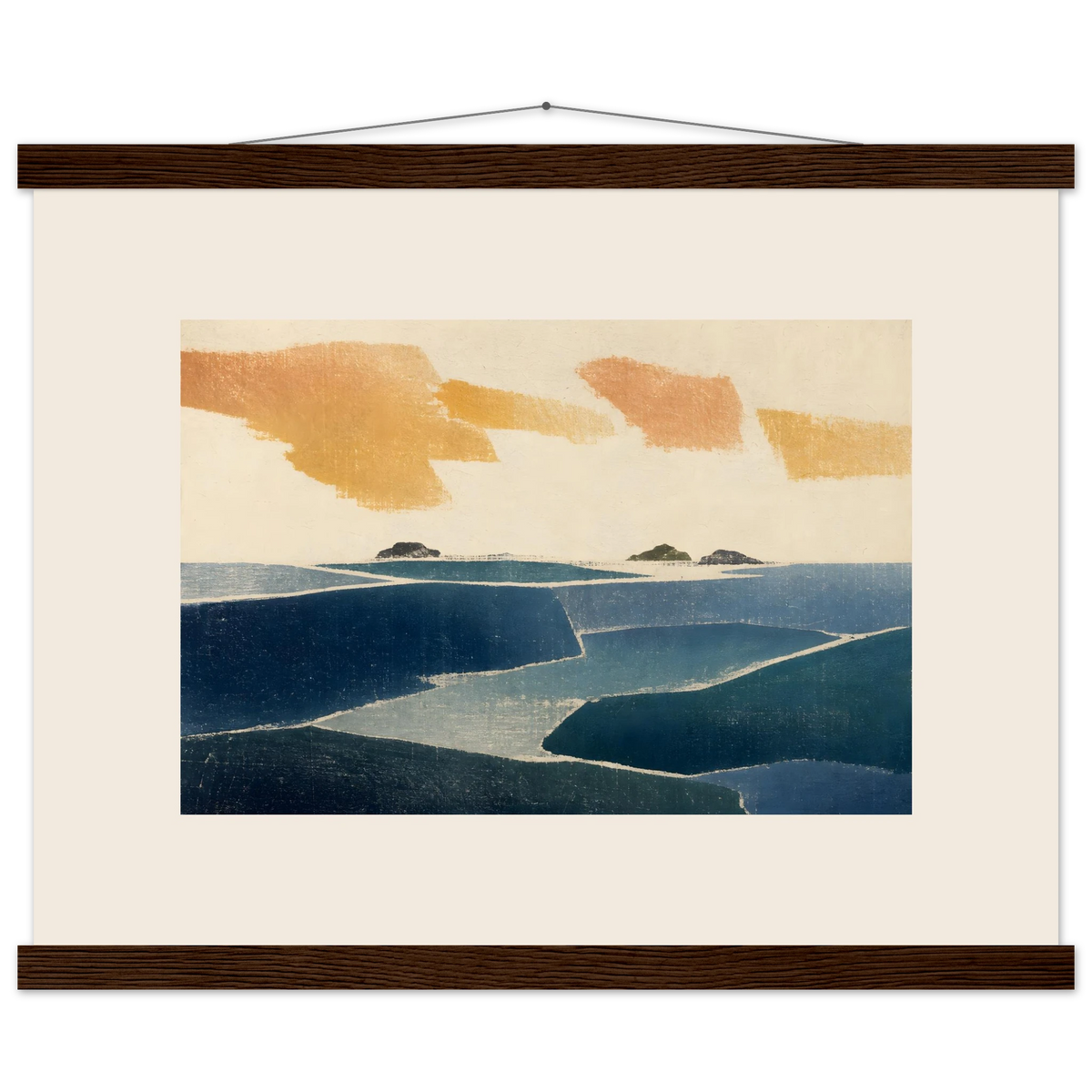 Amber and Indigo: abstract, coastline and color field. Fine art poster, alternate frame and size.